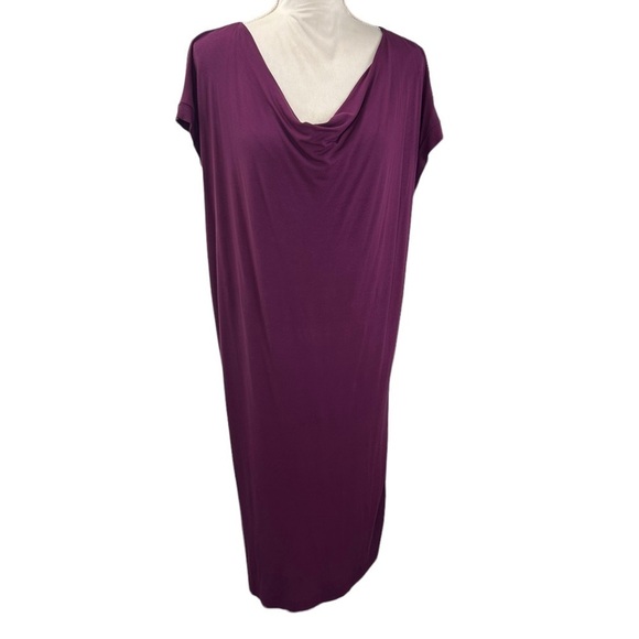 Eileen Fisher SZ XS Purple Cap Sleeve Cowl Neck Casual Midi Shirt Dress Modest - Picture 2 of 8